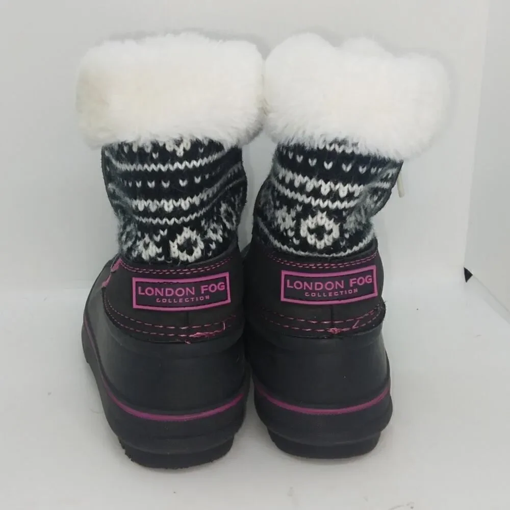 London Fog Girls Pre-owned Faux Fur Lined Black & Pink Winter Boots - sz. 1
